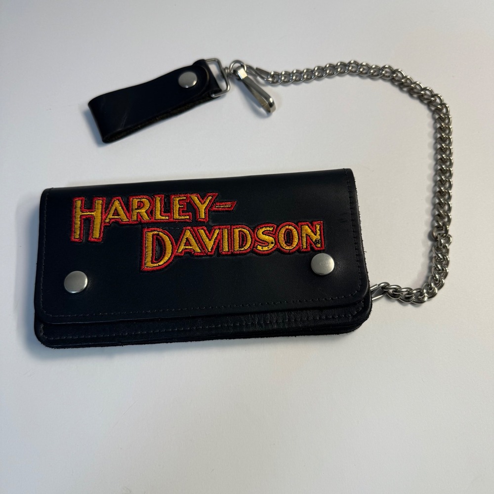 Harley-Davidson Black Leather Biker Chain Wallet Embroidered Logo Snap Closure